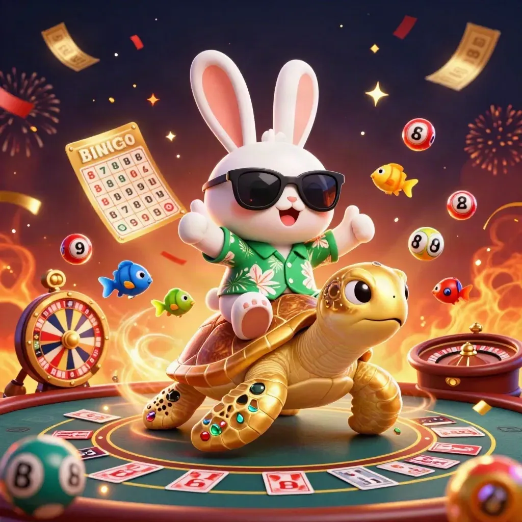 Lucky rabbit rides a golden sea turtle amid casino game props, sparks, and fireworks.