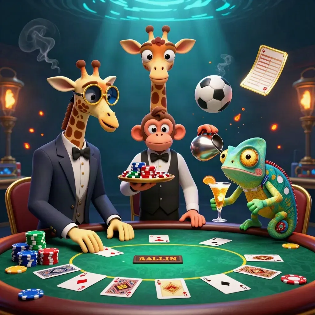 Giraffe, monkey valet, and chameleon bartender amid casino chips, cards, balls, and glowing blue-gold light.