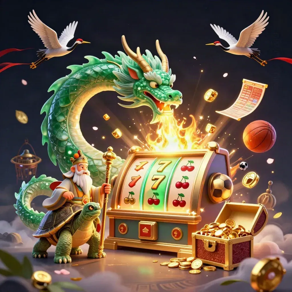 Emerald dragon, turtle sage, cranes, slot burst, soccer ball and basketball amid gold casino glow.
