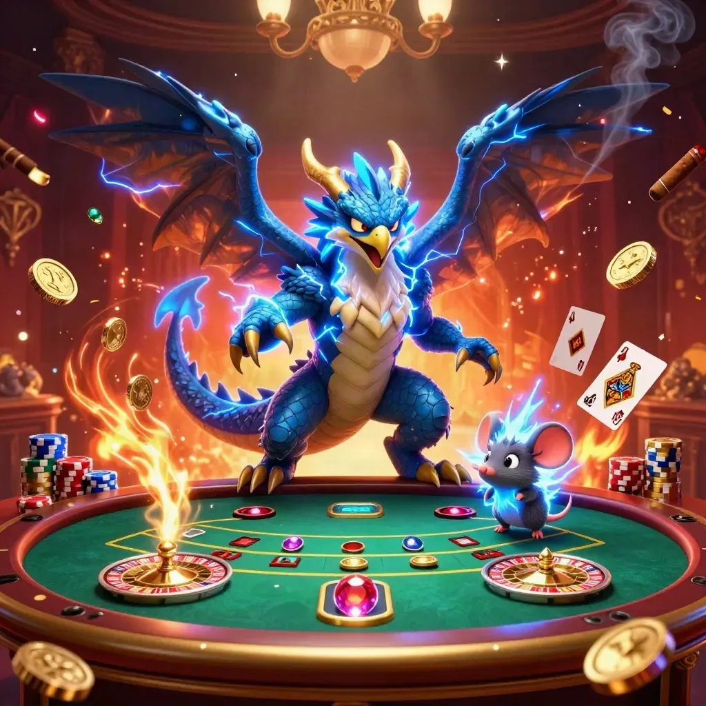 Thunder dragon, hawk, and mouse amid casino coins, chips, cards, and a spinning roulette wheel