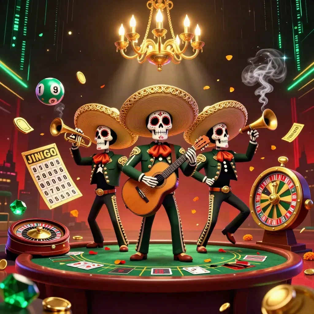 Skeleton mariachi trio amid casino wheel, lottery balls, petals, gold glow, and smoky lights.