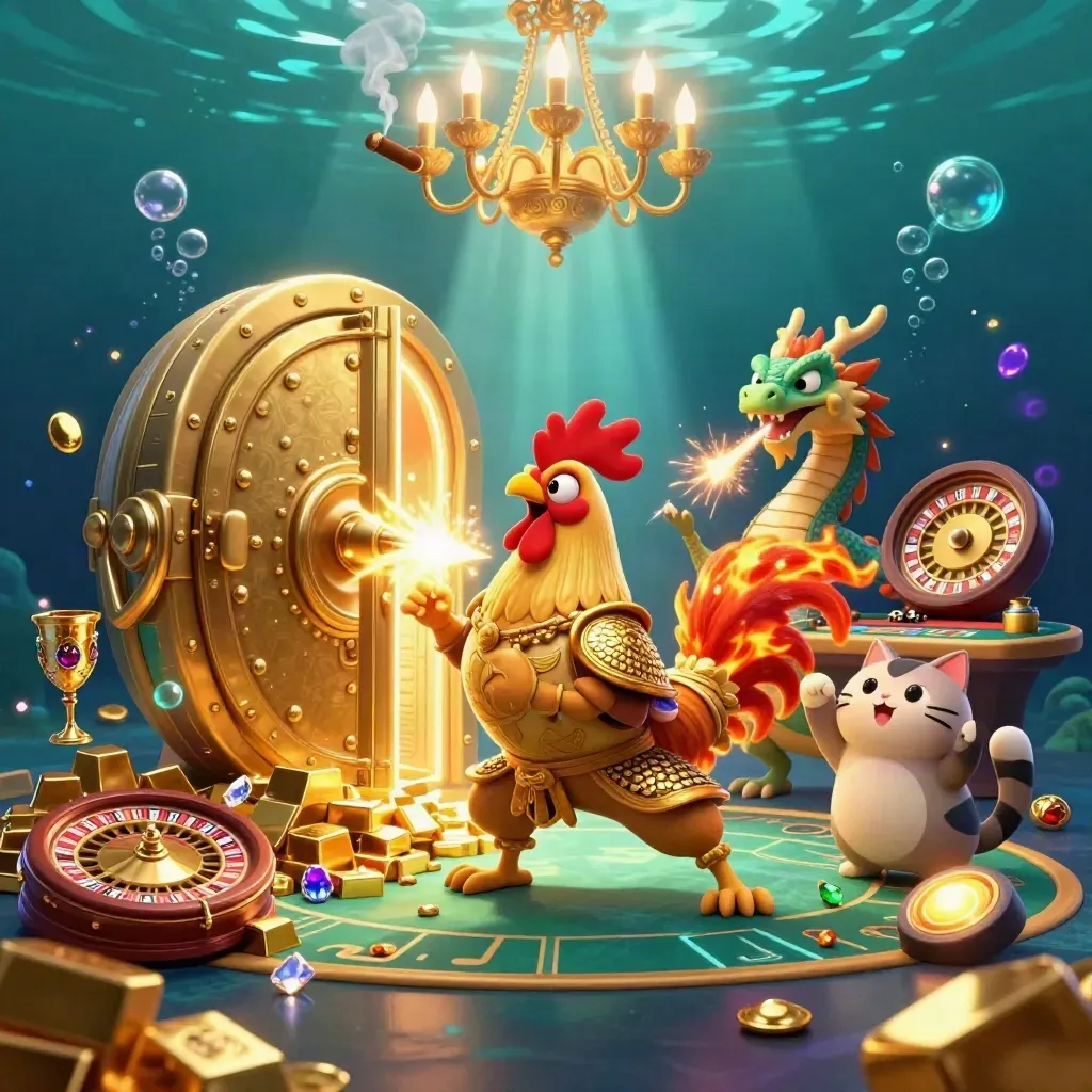 Rooster warrior, dragon hatchling, and fortune-cat amid gold, gems, and a glowing vault in teal water.