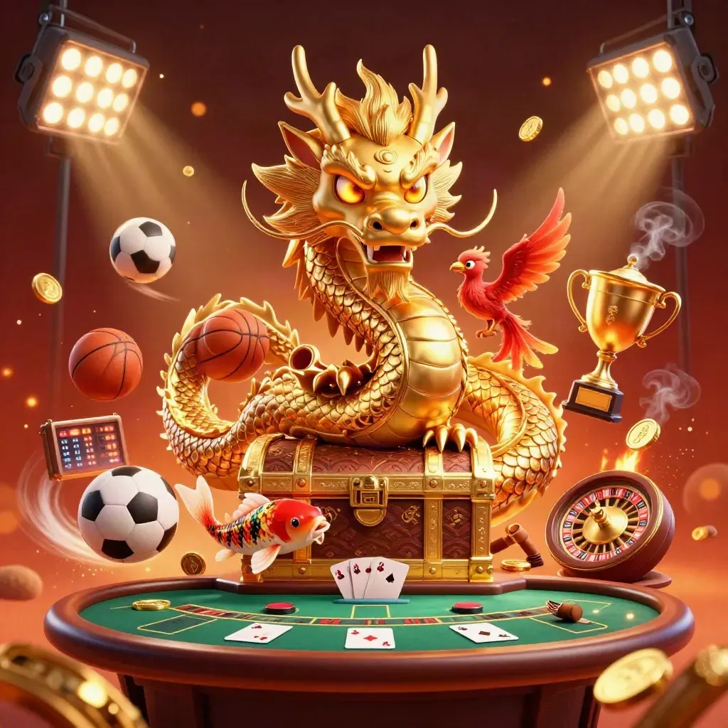 Golden dragon and phoenix amid casino lights, coins, sports balls, trophy, and spinning table glow.