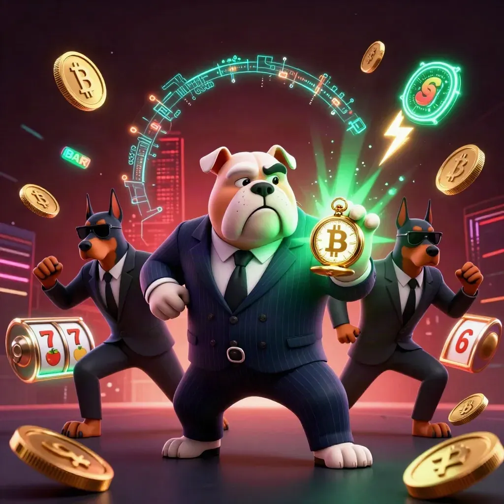 Cartoon bulldog boss and Dobermans amid neon casino coins and energy bursts