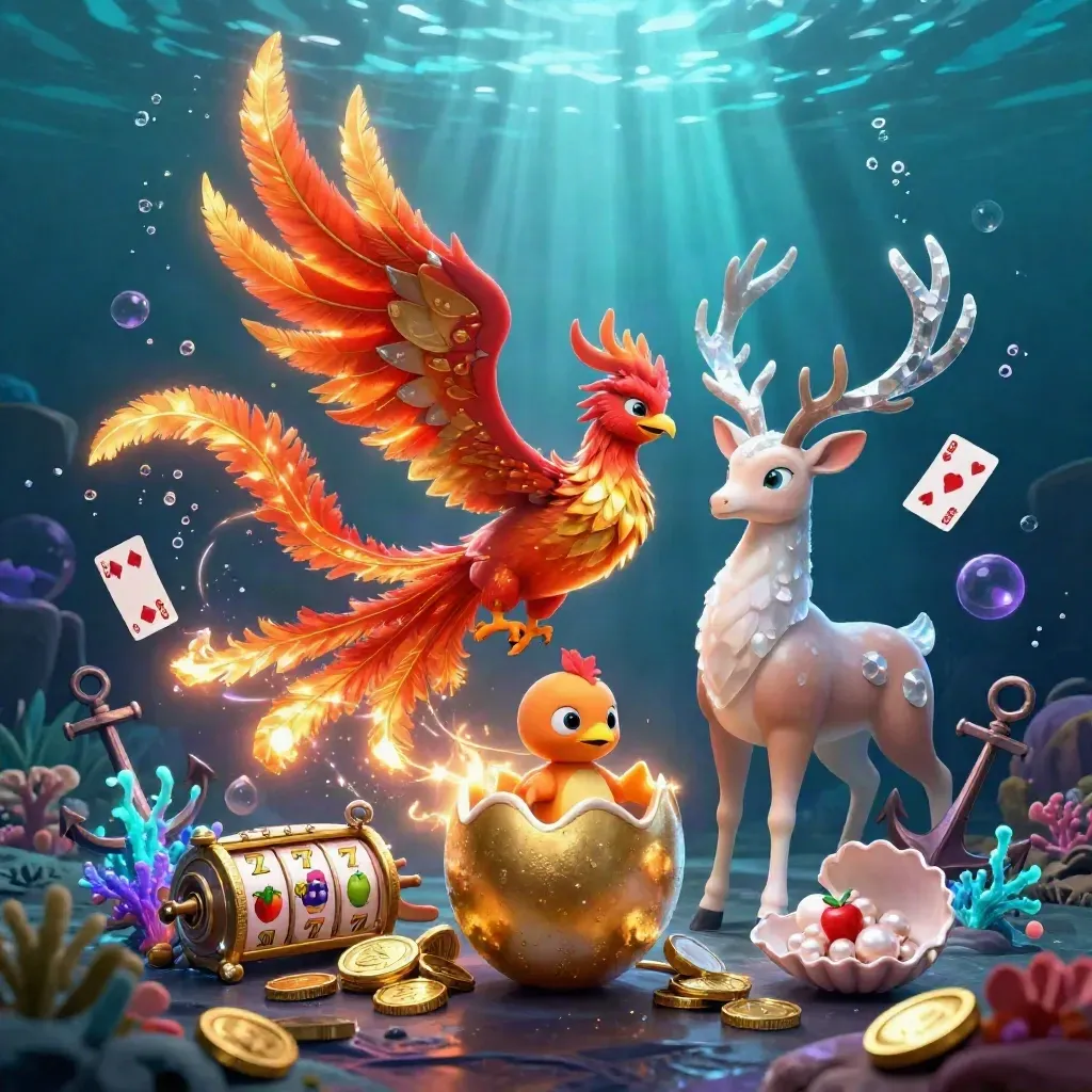 Phoenix, hatching chick, and crystal-antler stag in a glowing underwater treasure cove.