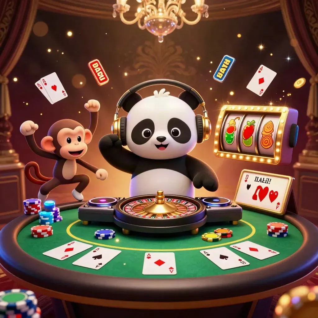 DJ panda, monkey, and glow-stick kitten surround poker chips and slot icons in luxe emerald casino glow.