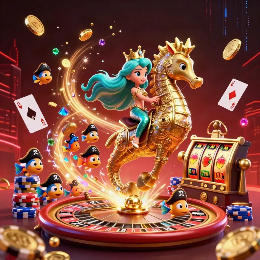 Mermaid princess on golden seahorse amid casino coins, cards, chips and neon energy