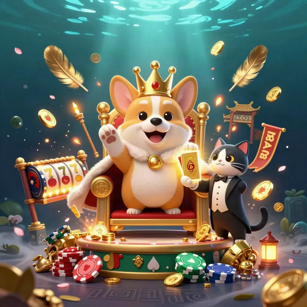 Royal corgi king and cat butler amid casino treasures, temple gate, rings, petals, and glowing runes
