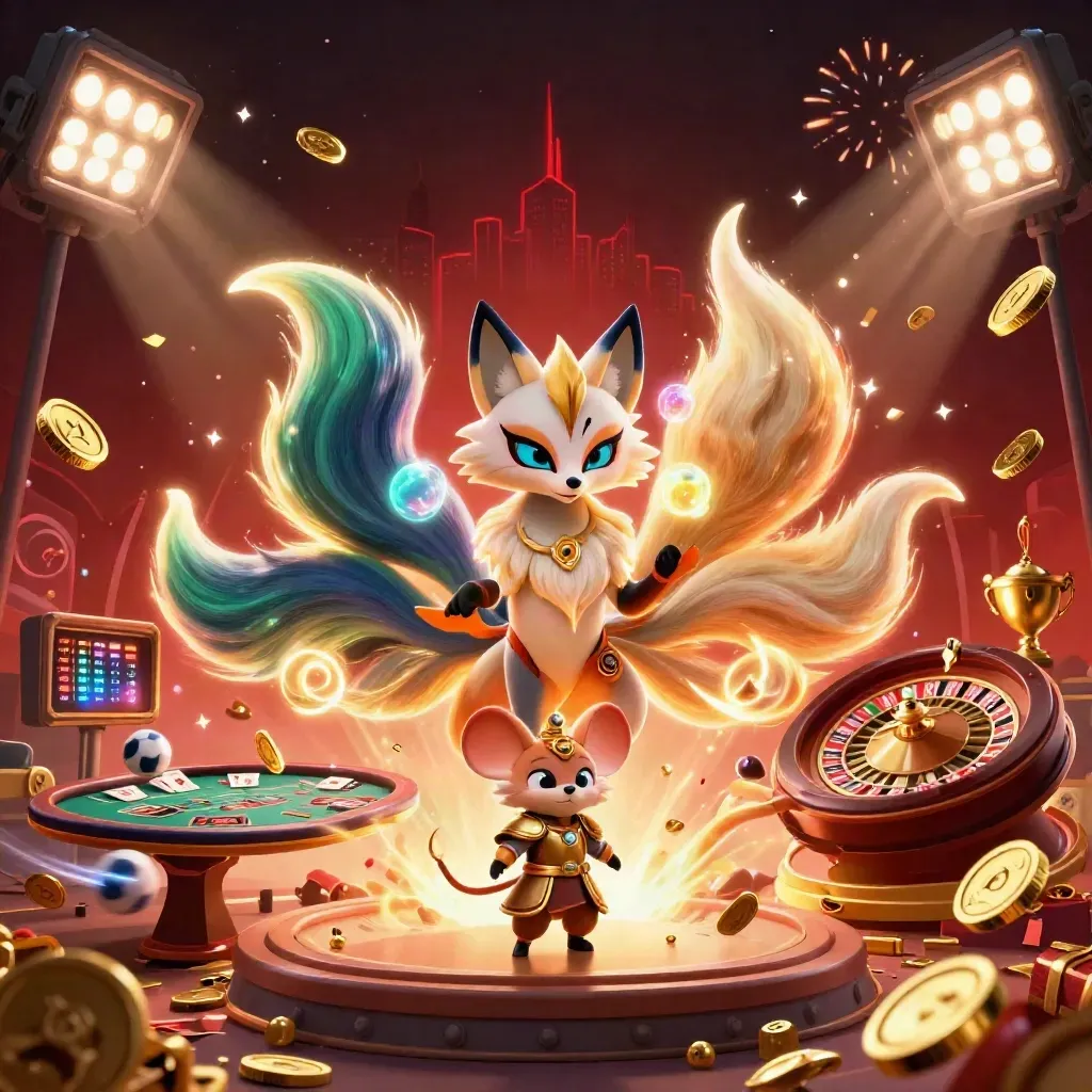 Fox spirit and samurai mouse amid coins, vault burst, fireworks, and casino symbols