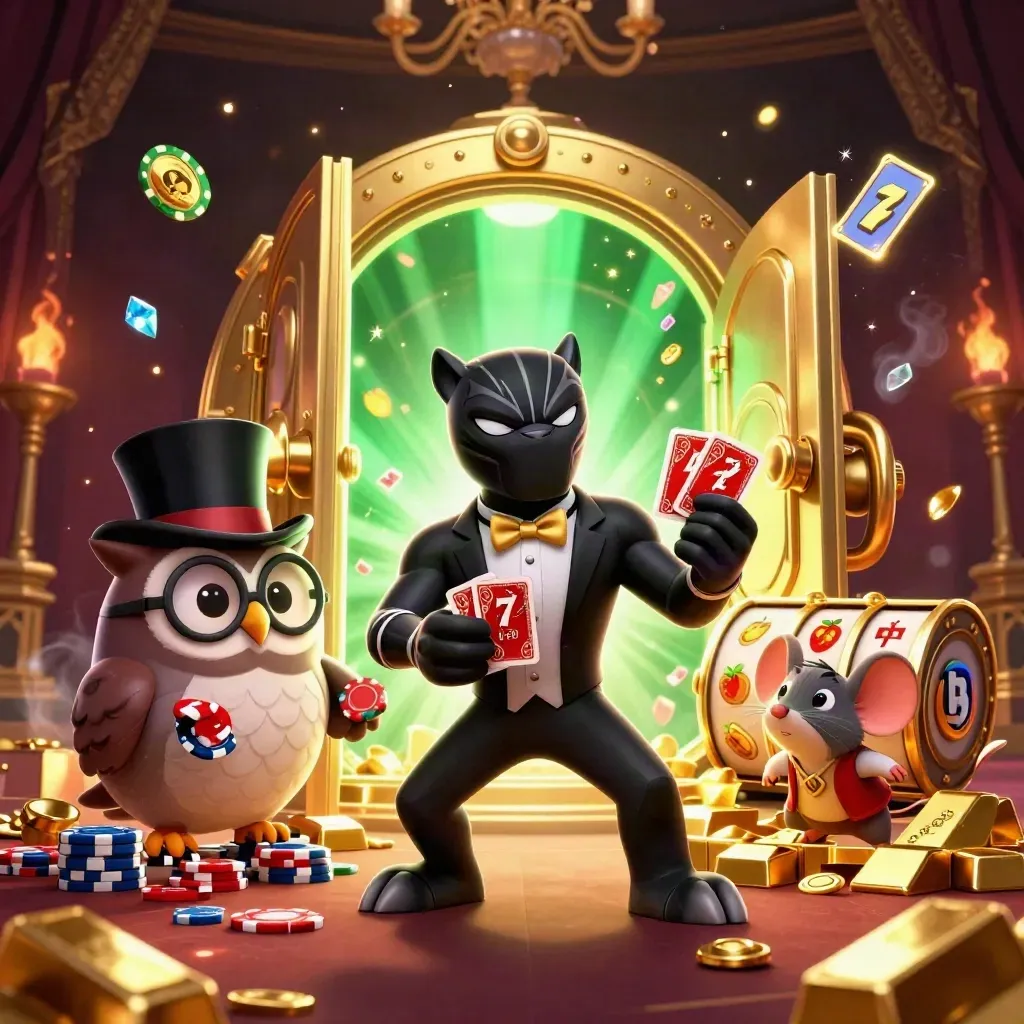 Panther, owl, and mouse deal cards amid vault gold, gems, and emerald casino glow.