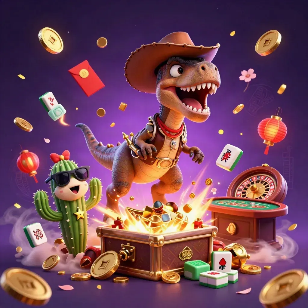 Cartoon T-Rex, cactus, and roadrunner amid casino treasure burst, coins, fireworks, and glowing tables.