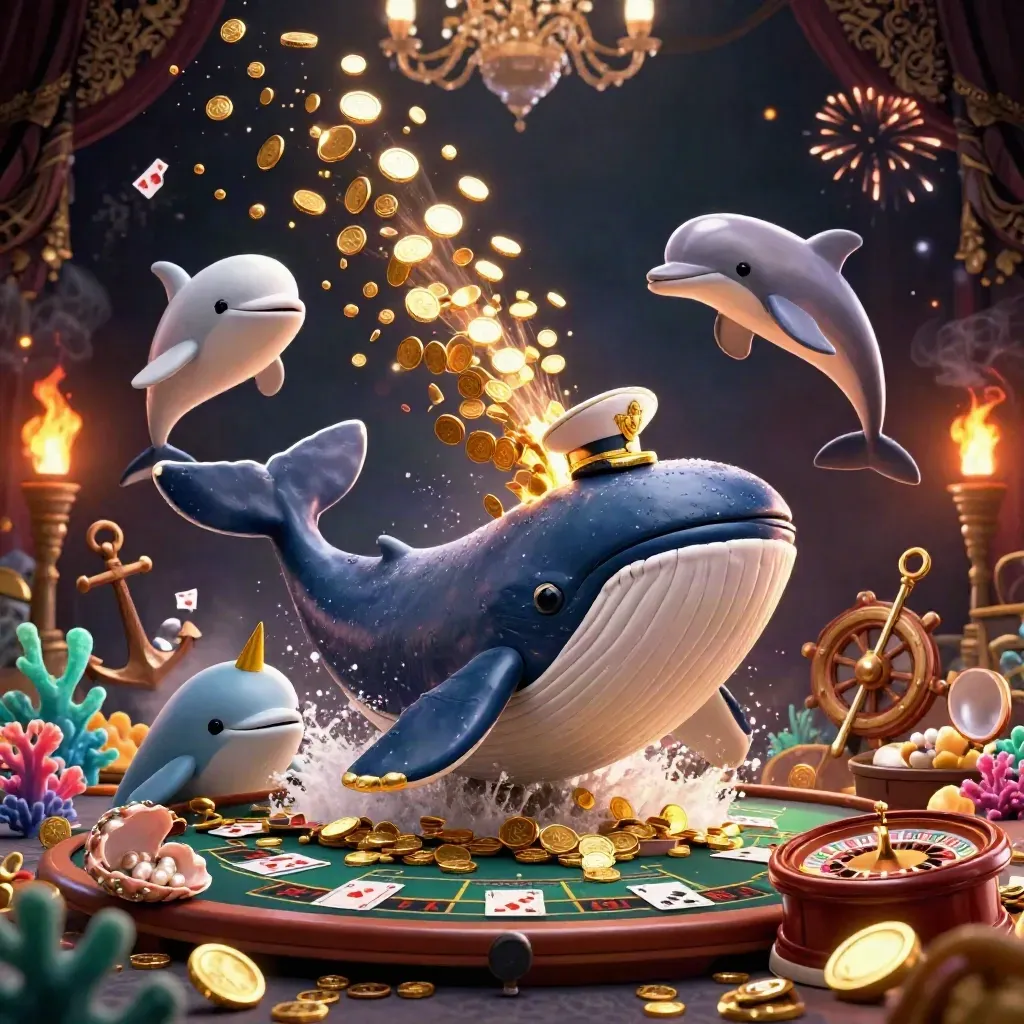 Cartoon whale captain, narwhal, and dolphins burst through coins in a luxe casino treasure scene.