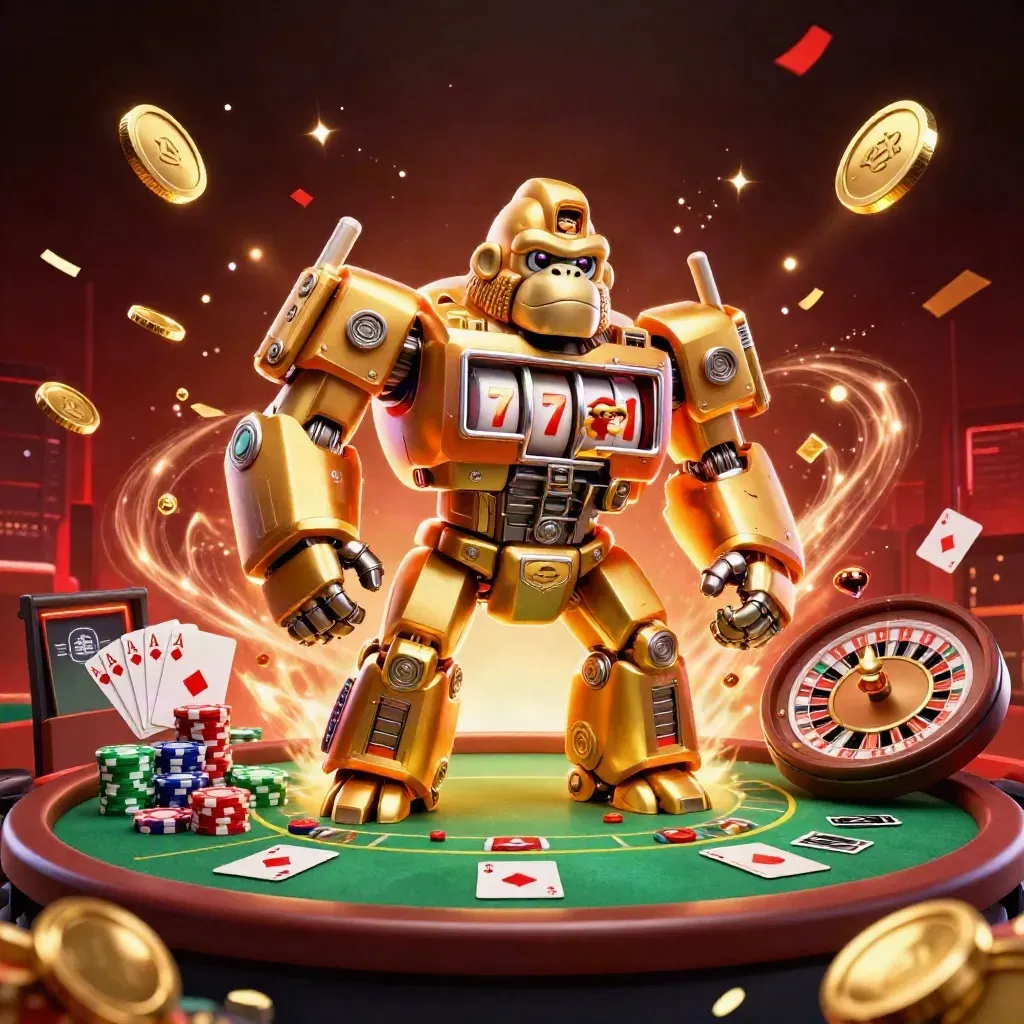 Golden gorilla mech, monkey pilot, casino chips, cards, coins, fireworks, dark luxe background