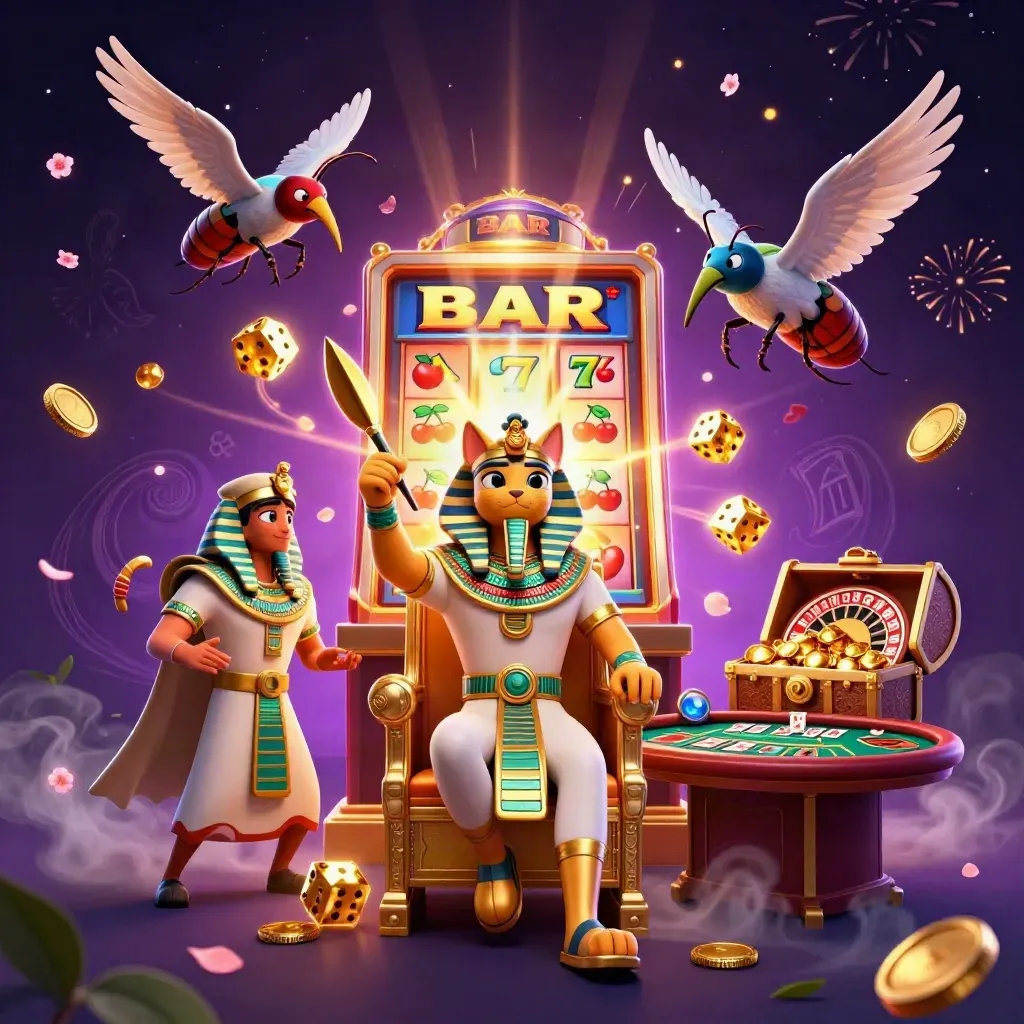 Pharaoh cat, ibis scribe, and gem-winged scarabs amid jackpot slot bursts and gold coins