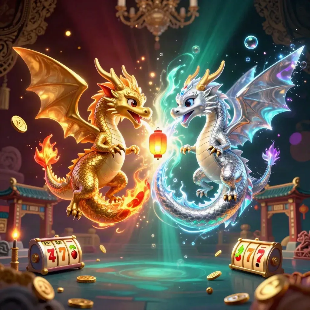 Twin gold and silver dragons form a yin-yang around a lantern spirit in casino key art