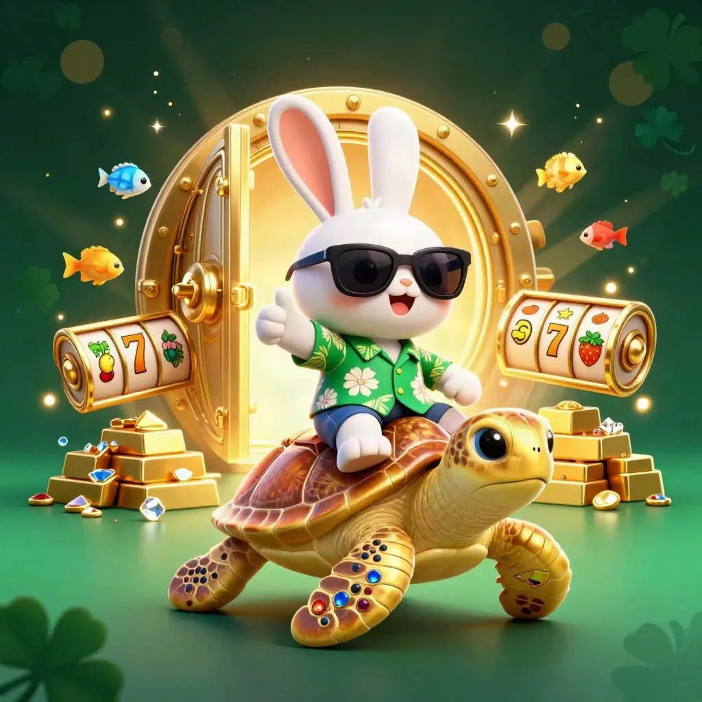 Lucky rabbit rides a golden turtle through casino treasure, sparkles, reels, and gem light.