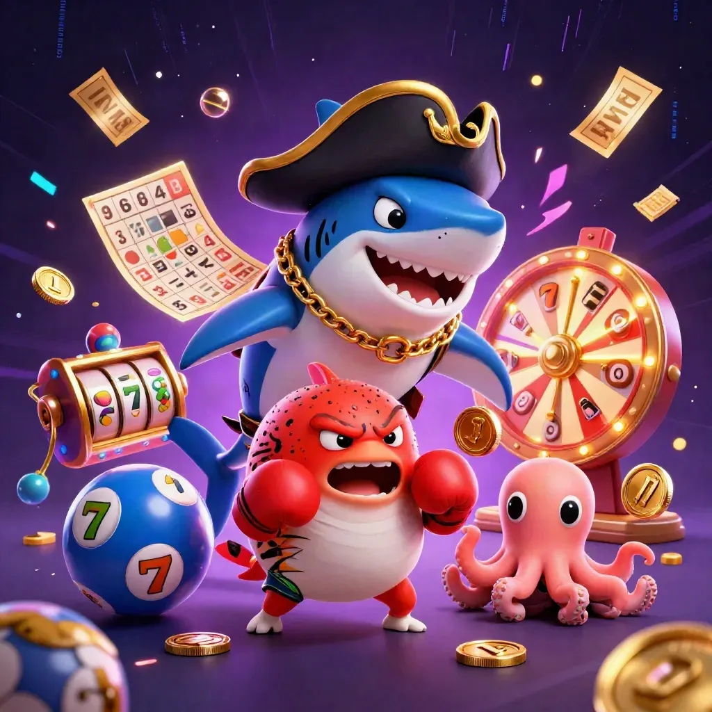 Pirate shark, boxing pufferfish, and coin-juggling octopus amid casino bursts and neon energy.