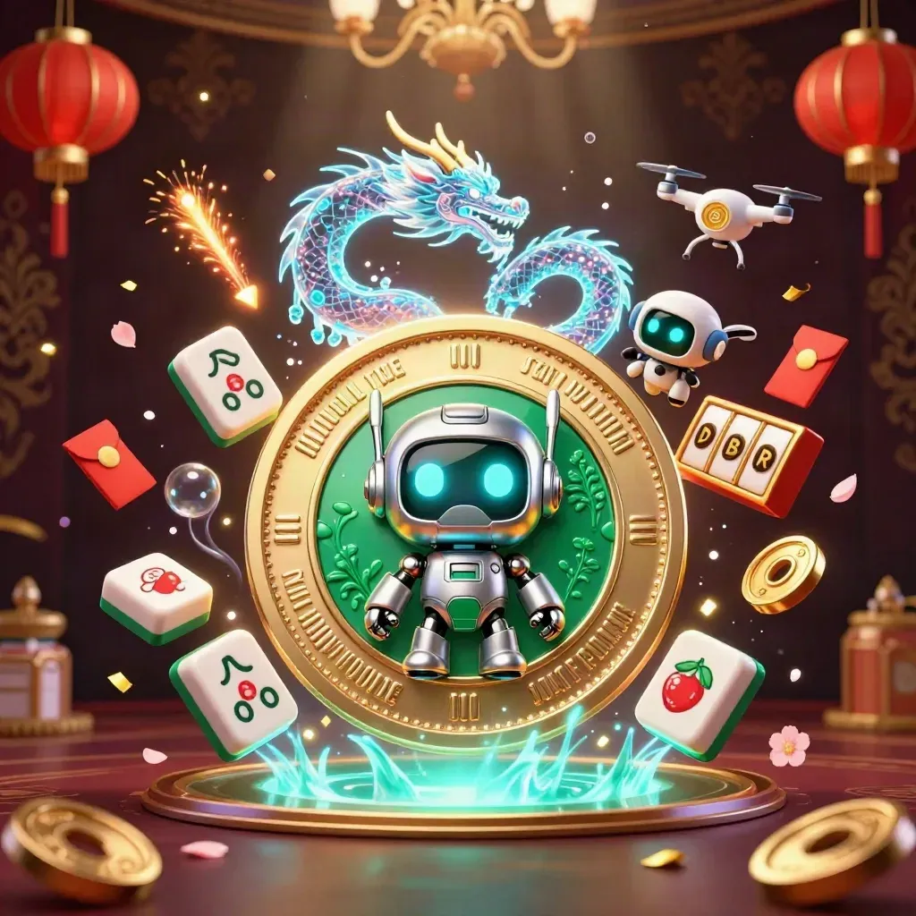 Chrome robot, holographic dragon and coin drone around a glowing emerald-gold crest on dark casino damask.
