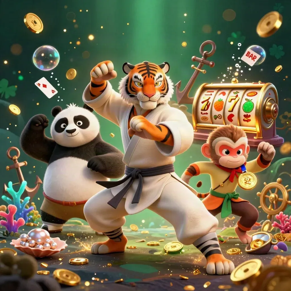 Tiger, panda and monkey in a treasure cove with coins, coral, reels and golden casino light.
