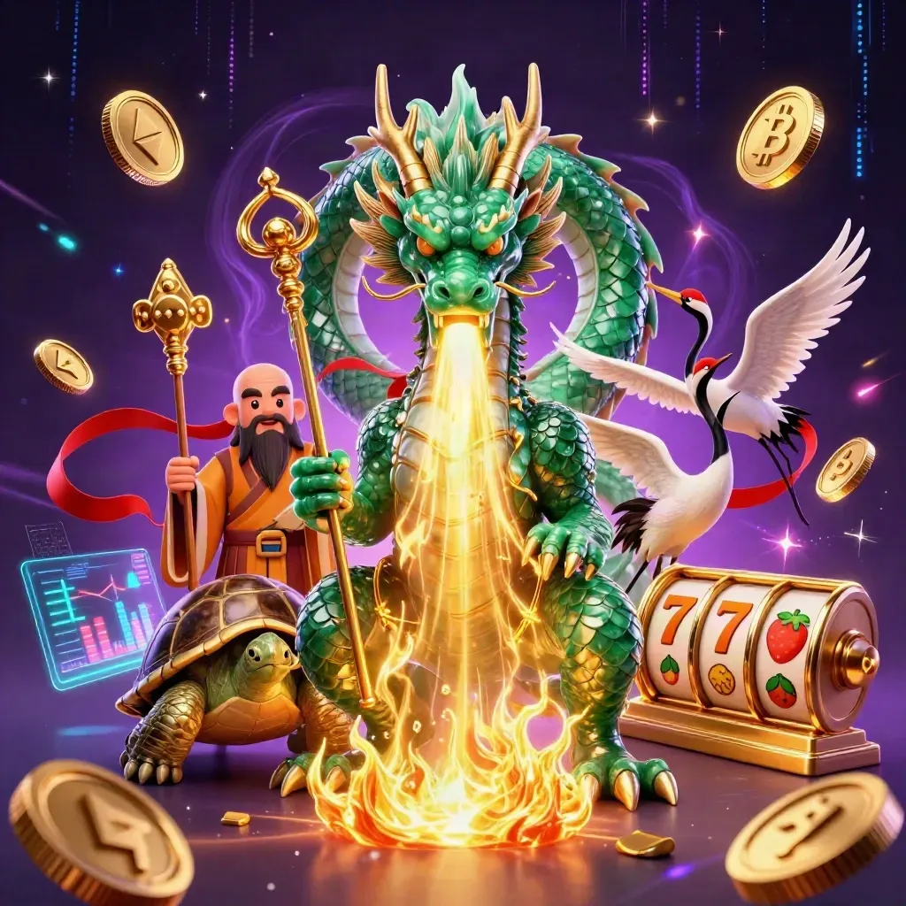 Emerald dragon, turtle sage, and cranes amid gold fire, coins, lightning, and purple cosmic energy