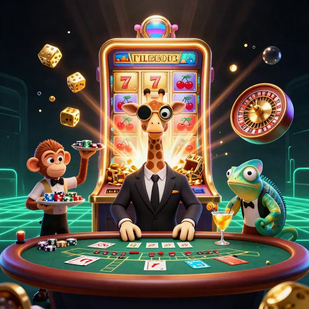 Giraffe, monkey, and chameleon at a VIP poker table with a bursting slot machine and gold loot