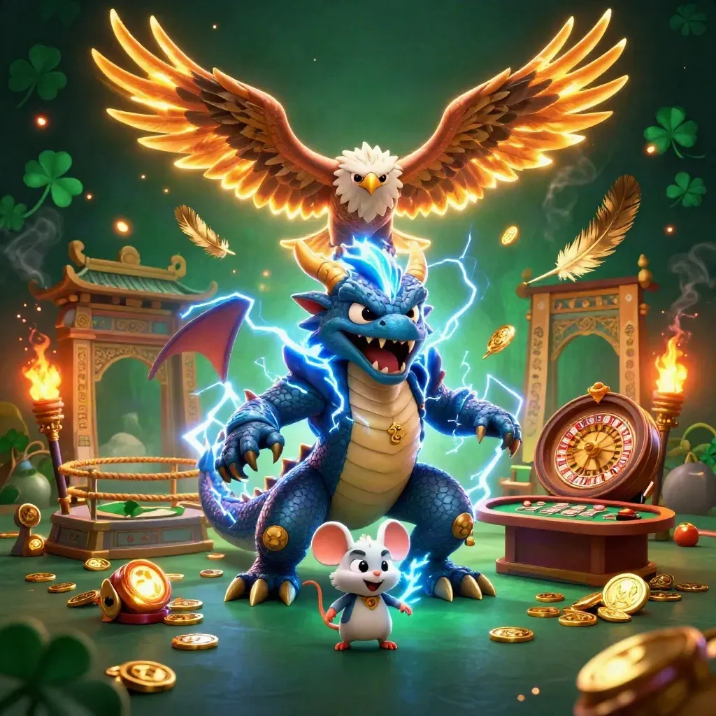 Thunder dragon, hawk, and mouse amid casino relics, gold sparks, and emerald lighting.