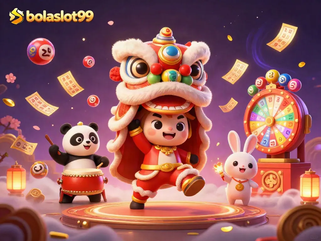 Experience vibrant fun with bolaslot99 featuring a lively lion dance, colorful lottery balls, and casino elements.