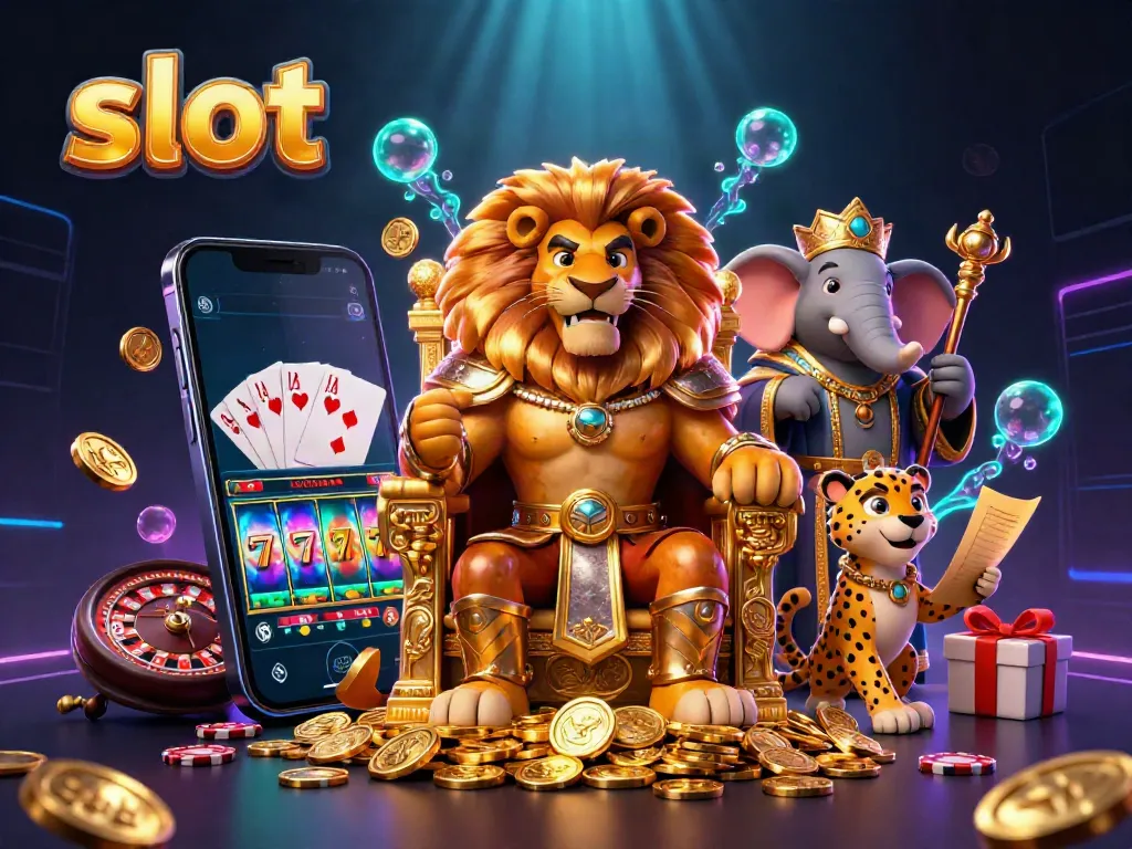 Experience excitement with slots featuring a lion king, elephant, and cheetah delivering thrills.