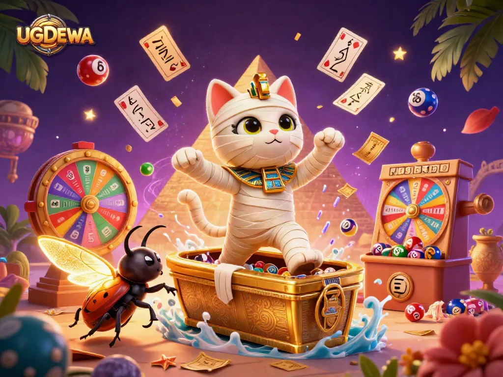 Engage with UGDEWA's vibrant gaming world through colorful lottery balls and a dynamic scene.