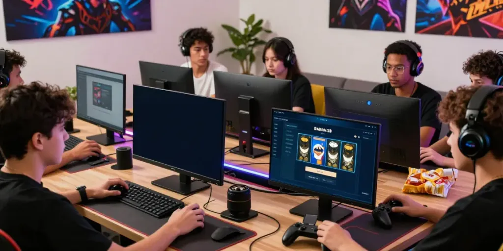 Engaged gamers accessing the batman138 login slot on various devices in a vibrant gaming setup