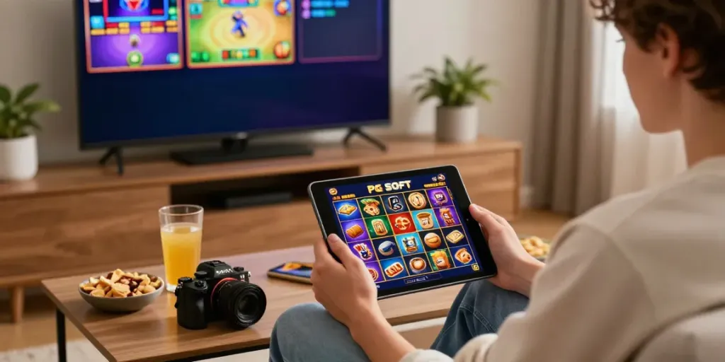 Player engaged in situs slot gacor thailand gameplay on tablet, lively home setting with snacks and gaming highlights.