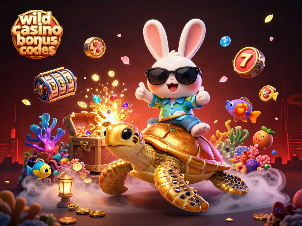 Engage with wild casino bonus codes as the lucky rabbit and turtle celebrate amidst colorful casino symbols.