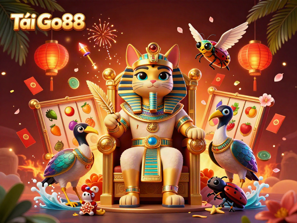 Tải Go88 with an Egyptian pharaoh cat and ibis companion surrounded by spinning slots and glowing lanterns.