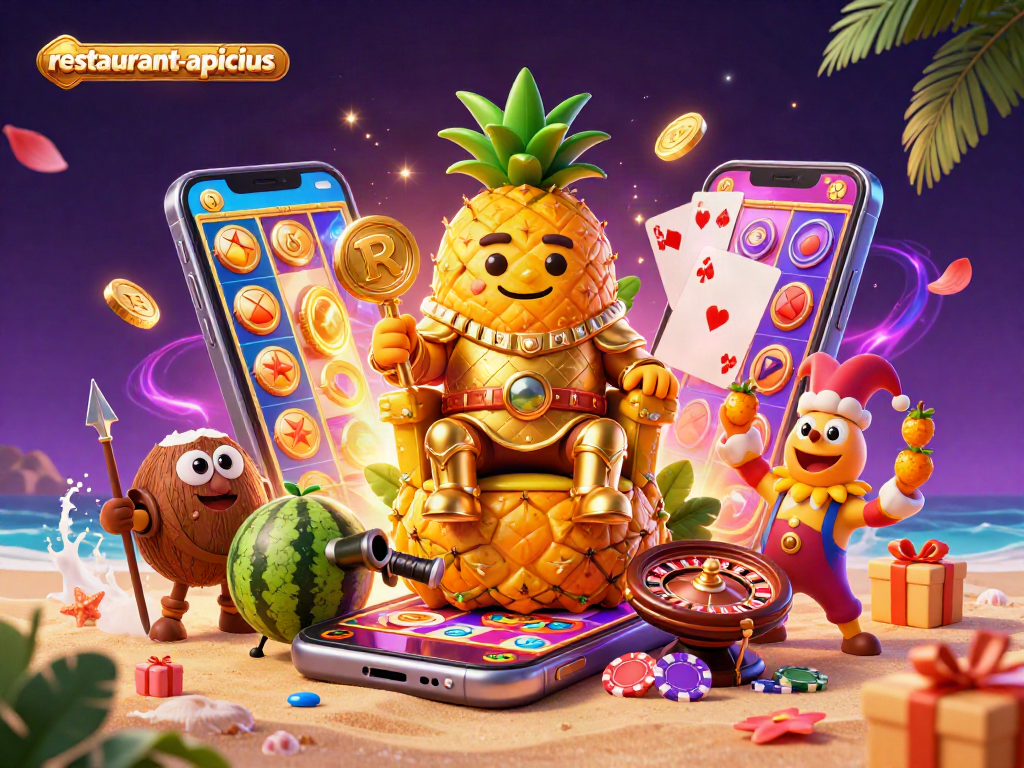 Engage with restaurant-apicius through a vibrant 3D casino scene showcasing a pineapple king with gaming elements.