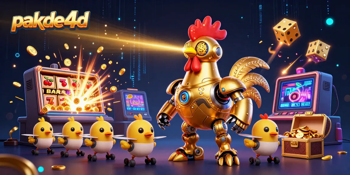 Experience pakde4d action with a golden rooster robot and baby chick drones in a vibrant casino scene.