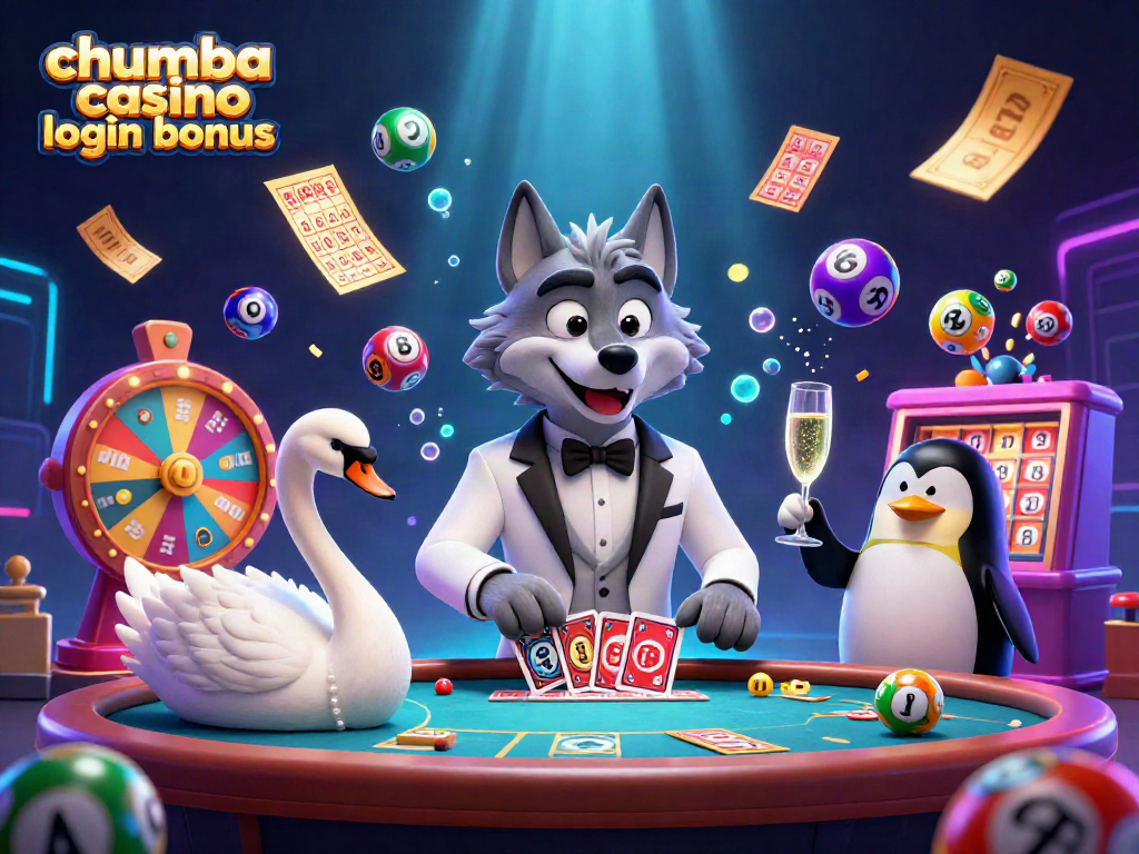 Experience the Chumba Casino login bonus with vibrant illustrations of fun games and characters.