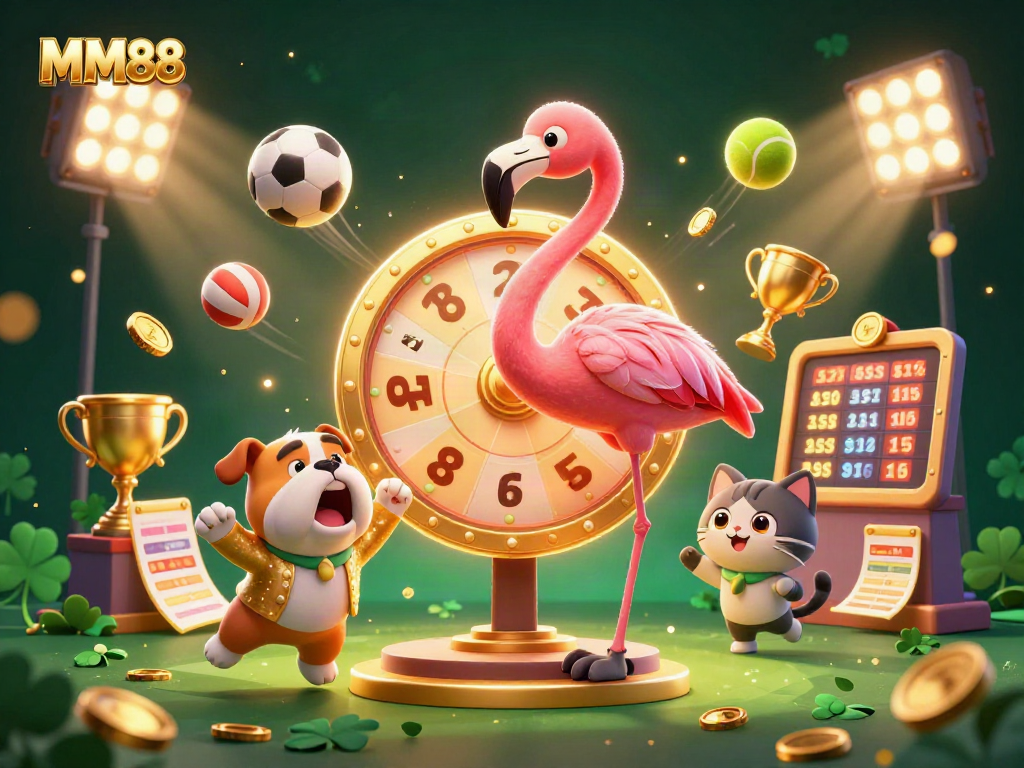 Engage with MM88 as the flamingo host spins the golden prize wheel in an exciting 3D casino scene.