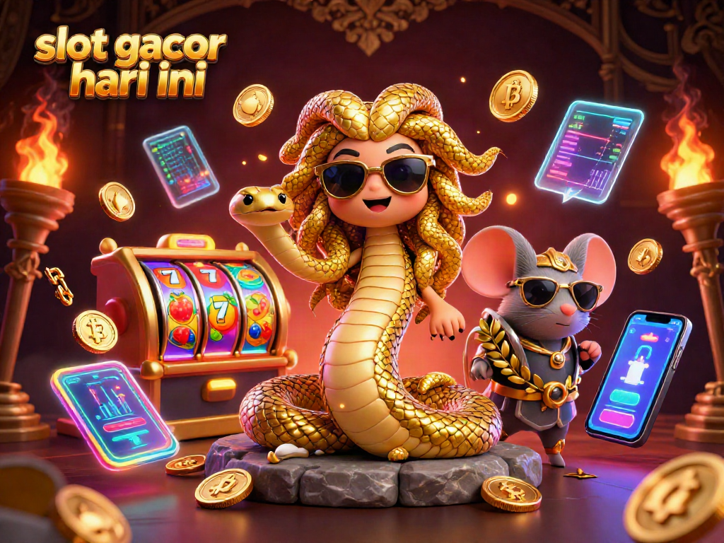 Engage with slot gacor hari ini through a vibrant and dynamic illustration featuring Medusa and casino elements.