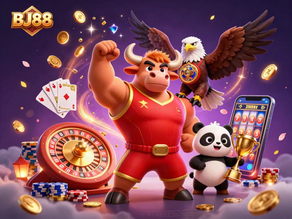 BJ88 brings excitement to the casino scene with vibrant characters and game elements, showcasing victory and fun.