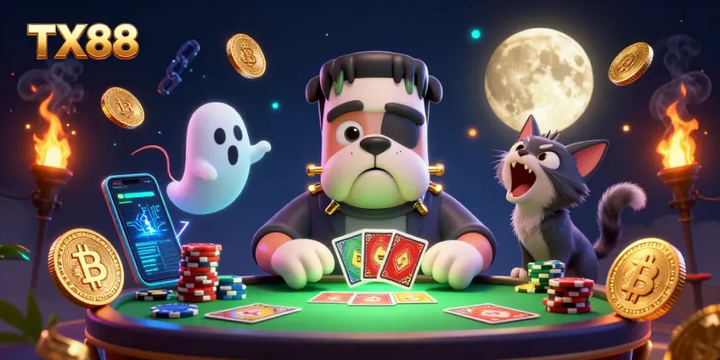 TX88 gaming excitement as a cartoon bulldog monster deals cards at a haunted casino table.