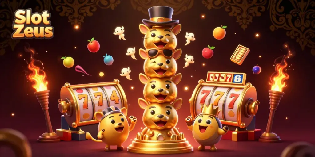 Permainan Slot Zeus dengan karakter totem emas dan simbol slot yang menarik untuk pemain.