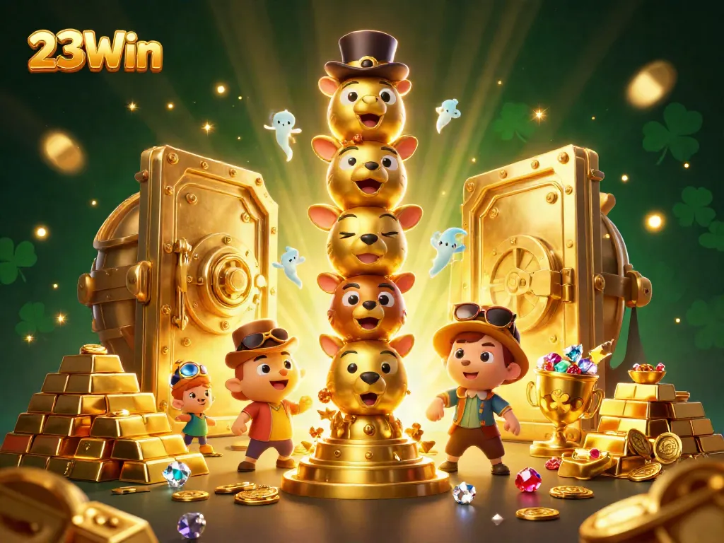 Experience the excitement of 23Win with dynamic casino action featuring totem pole characters and sparkling treasures.