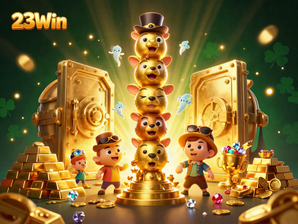 Experience the excitement of 23Win with dynamic casino action featuring totem pole characters and sparkling treasures.