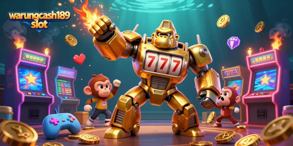Experience thrilling wins with warungcash189 slot featuring an explosive golden gorilla mech and vibrant 3D elements.
