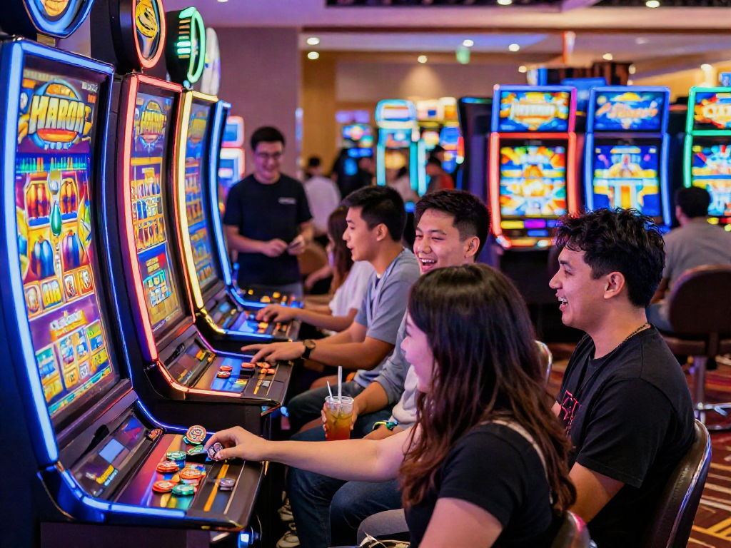 Exciting scene of players enjoying slot gacor hari ini machines in a vibrant casino atmosphere.