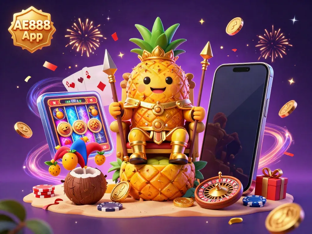 Engage with the AE888 App featuring a vibrant casino scene, illuminated by confetti and colorful games.