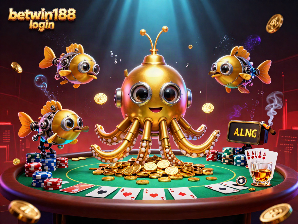 Engage with betwin188 login for thrilling images of a kraken submarine surrounded by poker elements and gold coins.
