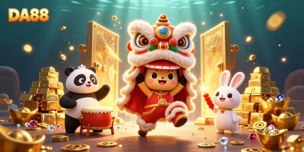 Experience the thrill of winning at DA88 with vibrant characters, gold treasures, and dynamic casino elements.