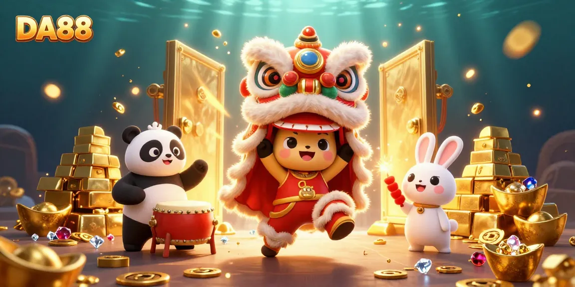 Experience the thrill of winning at DA88 with vibrant characters, gold treasures, and dynamic casino elements.