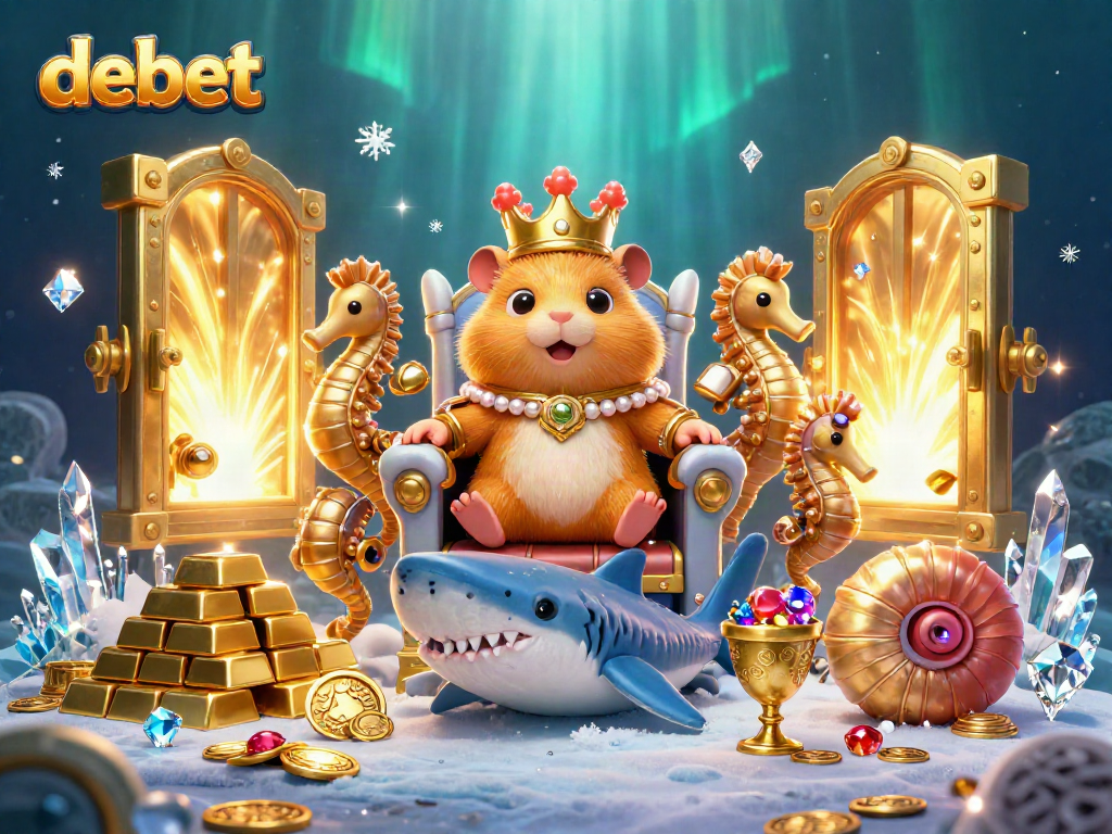 Debet platform showcases a fierce hamster king on a throne of megalodon shark teeth, surrounded by treasures and royal seahorse guards.